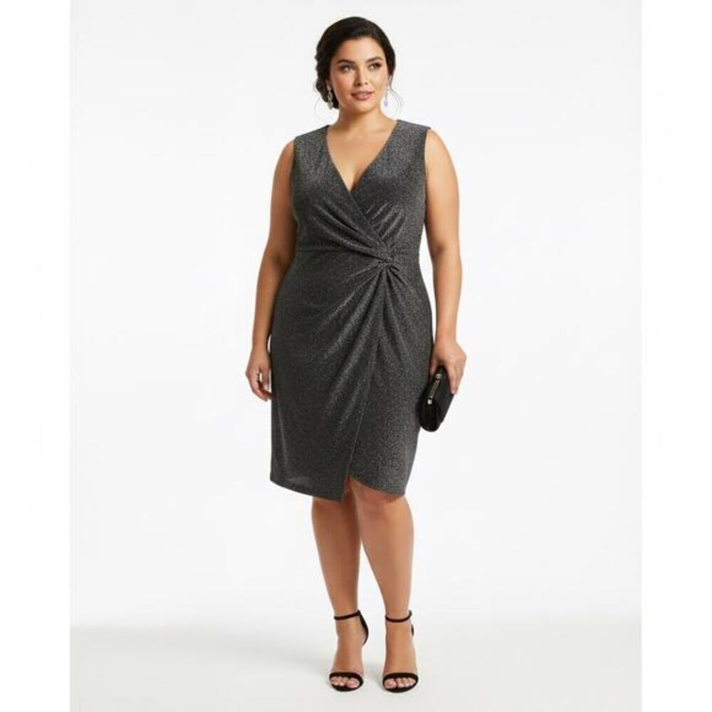 Serra Metallic Faux Wrap Sleeveless Dress Womens XL‎ Black Silver Glam Party NYE